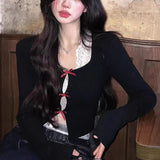 Vevesc Knitted Hollow Out Bow Harajuku Crop T Shirt + See Through Lace Tank Top Women Autumn Fairy Two Pieces Set Y2k Aesthetic