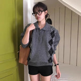 Vevesc Vintage All-match Lapel Neck Pullovers Y2k Argyle Long Sleeve Knitted Tops Women Autumn New Loose Sweaters Mujer