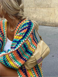 Vevesc Colorful Striped Women Knitted Cardigan Fashion Rainbow Color Long Sleeve Sweater Coats Autumn Female Streetwear Sweaters