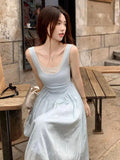 Vevesc  New Women Blue Patchwork Sleeveless High Waist Pleated Vest Dress Summer Fashion Sexy Backless Elegant Holiday Long Dress Casual