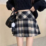 Vevesc Plaid Wool Skirt Vintage Kawaii Sweet Korean Fashion Mini Skirts Preppy Style Cute Autumn Winter Patchwork Short Skirts