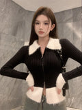 Vevesc Women Black Cardigan Knitted Sweater Harajuku Korean Y2k 90s Aesthetic Vintage Long Sleeve Sweaters with Collar 2000s Clothes
