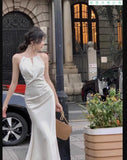 Vevesc Sexy Sleeveless Satin Mermaid Long Dresses for Women Summer French Elegant Fashion Slim Solid Tank Evening Party Robe