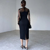 Vevesc  Black Bow Long Dress Women Elegant Lace Patch Lapel Sexy Print Dress Luxury High Waist Retro Party Evening Dress Female