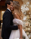 Vevesc Luxury A Line Wedding Dresses Pleats Off the Shoulder Wedding Gown Boho Bridal Dress With Pink 3D Flower Custom Made