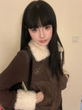 Vevesc Japanese Y2k Fur Coat Women American Retro Brown Knitted Jacket Vintage Korean Style Zipper  Winter 2000s Aesthetics