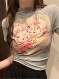 Vevesc Sweet Yellow Short Sleeved T-shirt for Women 2024 Summer Fashion Slim Fit Tee Shirt Y2k Grunge O-neck Kawaii Cat Print Tops