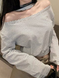 Vevesc Vintage Simple Crop Tshirts Y2k Aesthetic Striped Slash Neck Grunge T-shirt Harajuku Autumn Casual Loose Tops Streetwear