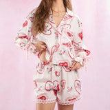 Vevesc Women Slik Satin Lounge Sleepwear 2 Piece Set Heart Print Lace Trim Button Up Blouse Shirt Tops + Shorts Valentine's Day Pajamas