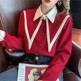 Vevesc Elegant Vintage Edge Piping Peaked Collar Shirts Women Spring Loose Puff Sleeve Blouses Simple Single Breasted Tops