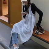 Vevesc 2024 Summer New Lace Embroidery Dresses Simple Korean White Strap Dress for Women Y2k E-Girl Mid-length Loose Vestidos Mujer