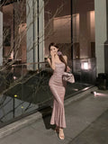 Vevesc  Evening Dress Women French Style Swinging Collar Shiny Sequin Folds Waist Slim Fishtail Long Dresses Temperament Summer