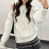 Vevesc Korean Style Sexy Sweaters Elegant Off Shoulder Sweet Knitted Pullover Sweet Preppy Style Solid Long Sleeve Sweaters