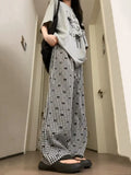 Vevesc Streetwear Plaid Bow Print Femme Vintage Wide Leg Pants Women Y2k Aesthetic Drawstring Trousers Harajuku Loose Summer Bottoms