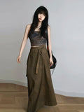 Vevesc Women brown Gothic A-line Long Skirt Vintage Y2k Skirt Harajuku Korean Streetwear Skirts 2000s Goth Clothes Summer