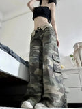 Vevesc American Street Ruffled Camouflage Jeans For Women Y2k E-Girl High Waist Loose Trousers Spring New All-match Wide Leg Pants