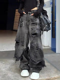Vevesc American Gothic Streetwear Loose Denim Pant Y2k Aesthetic Vintage Hole Lrregular Baggy Wide Leg Trousers Harajuku Tassel Pants