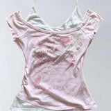 Vevesc Y2k Aesthetic Fake Two Pieces Halter Patchwork Top Harajuku Women Vintage Flower Print T-shirt Streetwear Bottoming Fairy Tees