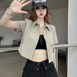 Vevesc Y2K Cropped White Shirts Women Harajuku Tie Short Sleeve Blouses Summer Preppy Korean Aesthetic All Match Crop Tops New