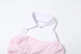 Vevesc  Fit Striped Print 2Piece Set Women Patchwork Button Hollow Backless Button Tops+Lace-Up Puffy Skirt Matching Sweet Suit