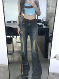 Vevesc Women's Y2k Flare Ripped Jeans Harajuku Korean Baggy Denim Trousers Japanese 2000s Style Jean Pants Vintage Trashy Clothes