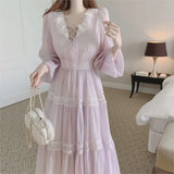 Vevesc  French Vintage Fairy Midi Dresses for Women Lantern Sleeve High Waist V-neck A-line Princess Party Dress Casual Female Vestidos