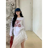 Vevesc  Y2K White Irregular Midi Skirt Women Gothic Black Lace Patchwork Skirts Harajuku Korean High Waist Casual A Line Skirt New