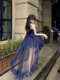 Vevesc New Blue Color Dress Princess Formal Cute Thin and Glittering Trailing Pettiskirt Evening Dress