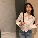 Vevesc Women Folds Slim Fit Crop Tops Daily Design White Pure Korean Style Fashion Casual Shirts Office Lady All-match Tender Spring