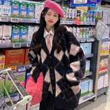 Vevesc Sweet Pink Sweaters Preppy Style Plaid Korean Vintage Tops V Neck Pull Femme Loose Women Y2k Cardigans Knitted Contrast Color