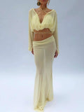 Vevesc  Fashion Ruched 2 Piece Set Women Lace-Up Halter Full Sleeve Crop Tops+Sexy See Through Skirts Street Elegant Outfits