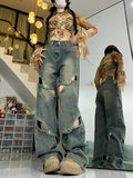 Vevesc American Vintage High Street Hole Wide Leg Trouses Y2k Aesthetic Punk All Match Loose Denim Pants Fashion Popular Girl Pants