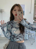 Vevesc Long Sleeve T-shirts Women Tie-dye Printed Summer Sun-proof Cropped Tops Fashion High Street Gauze Korean Style Chic Teens Retro