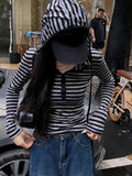 Vevesc Striped Hooded Long Sleeved T-shirt for Women Early Autumn New Knitted Tops Mujer Y2k Slim Fit  Sleeve Tee Shirt