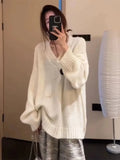 Vevesc V Neck Casual Lazy Japanese Sweet Solid Knitted Sweaters Women Long Sleeve Sueter Mujer Y2k Pullovers Elegant Harajuku