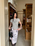 Vevesc  Graffiti Velvet Lace Hem Knee Length Skirt For Woman High Waist A Line Purple Skirt Summer Clothes 2025