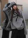 Vevesc Korean Elegant Bow Jacquard Sweaters Women Y2k Aesthetic Vintage Thin Knitted Pullovers Streetwear Casual All Match Jumpers Tops