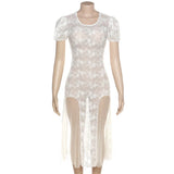 Vevesc Y2k Fairycore See Through Floral Lace Mesh White Dress Summer Retro Puffy Short Sleeve Long Dresses Coquette