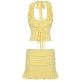 Vevesc  Women U Neck Ruffled Trim Halter Sleeveless Tank Top and Frill Skinny Mini Skirt Chic Fashion Summer Two Piece Sets