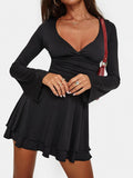 Vevesc  Black Slim V-Neck Low-Cut Long Sleeve Dresses Sexy Basic Women 2024s New Clothes Tierred Ruched Short Vestido