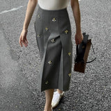 Vevesc  Simple Fashion Embroidery Beading Gray Skirt for Women Spring Autumn New Ruched Skirts Y2k High Waist Faldas Mujer