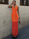 Vevesc  See Through Mesh Patchwork Dress Women Tassel Solid Sheath Y2K Casual Summer Trend Midnight Sexy Clubwear Party Vestidos