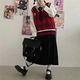 Vevesc Vintage Preppy Style Red Argyle Sweater Vest Women Japanese Kawaii Cute Bear Knitted Top Oversize Grey Jumper Female