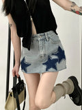 Vevesc Y2k Gyaru Denim Skirts Five-pointed Star Patchwork High Waist Summer Female Slim Mini Skirt Streetwear Fashion Women Clothing