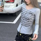 Vevesc American Retro Letter Print Thin Cardigan Y2k E-Girl O-neck Single Breasted Tops Women New Long Sleeve Gray Sweaters