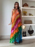 Vevesc  Elegant Contrast Long Dress Women Cascading Ruffle Sleeveless Halter Female Party Dresses 2025 Summer Loose Beach Lady Robes