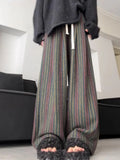 Vevesc Spring Autumn Woolen Wide Leg Pants Y2k E-Girl High Waist Straight Fashion Vintage Trouser Sred Green Striped Knitted