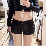 Vevesc Retro Sexy Low Waisted Hot Pants 2024 Summer New Belt Straight Denim Shorts Y2k E-Girl Slim Fit Rivets Black Ropa Mujer