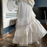 Vevesc  Lace Ruffles Sweet Long Skirts Spring Autumn Korean Fashion Retro Faldas Mujer Elegant High Waist Solid Women Skirt
