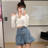 Vevesc  Vintage Ruffles Denim Mini Skirt Women Y2K 2000S High Waist Jeans Hip Wrap Skirts Streetwear Korean Cute Slim A Line Skirt